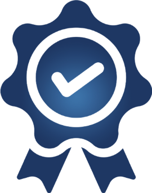 Blue and white check mark ribbon icon